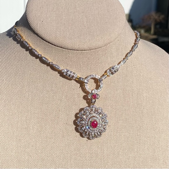 Diamond Necklace with Natural Burmese Ruby and Diamond pendantin 18K solid gold - Picture 1 of 15